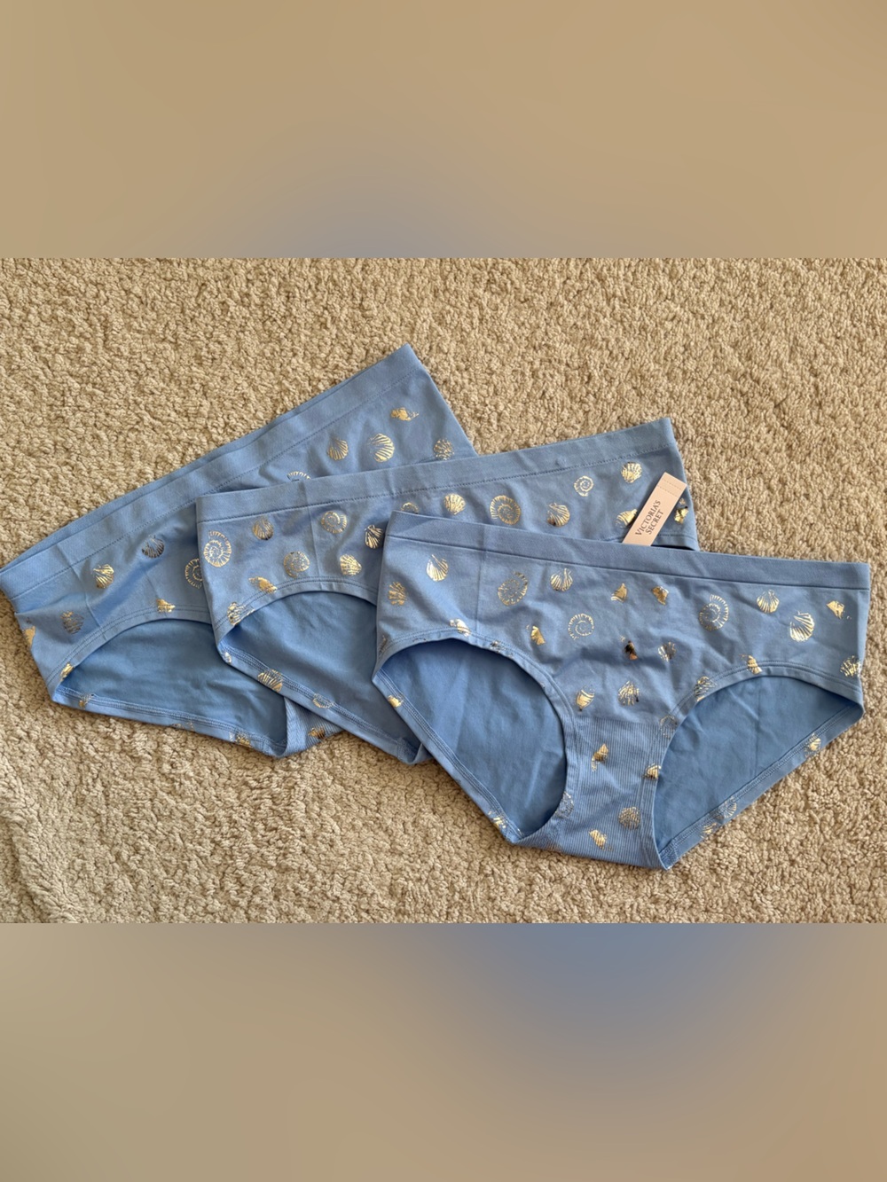 🆕Victoria’s Secret Blue Cameo Metallic Seashells Hiphuggers Bundle of 3 🐚